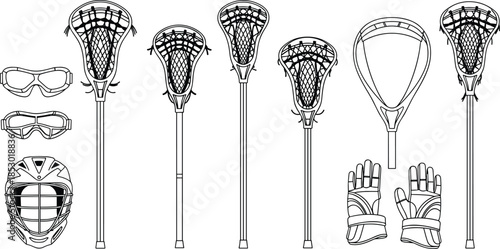 Lacrosse equipment outline illustration set, sticks helmet gloves goggles vector icons isolated on white background for sports design branding templates