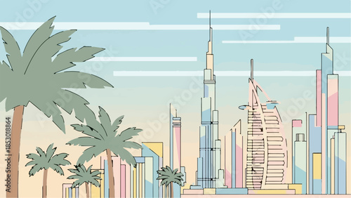 Minimalist Line Art Vector Illustration of Modern City Skyline with Palm Trees