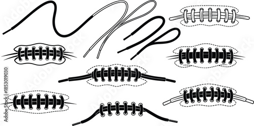 Shoe lace stitching and repair illustration set, different shoelace tying seams outline vector design isolated on white background