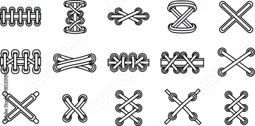 Shoe lace tying patterns icon set, different criss cross shoelace styles outline vector illustration isolated on white background