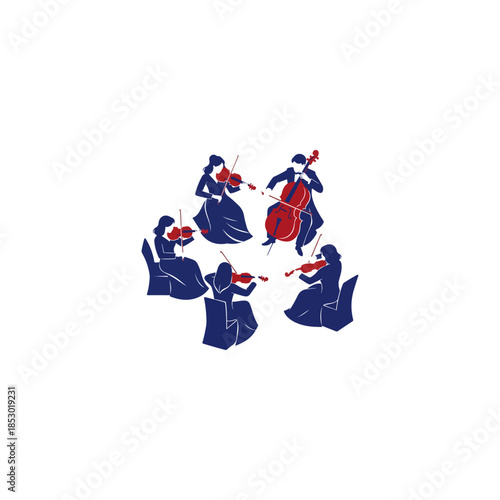 Traditional blue robed musicians circle playing string instruments.