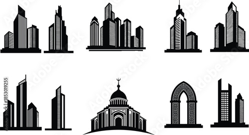 Architecture icon set, skyscraper silhouette, mosque dome, monument arch, building design, black illustration, city emblem, urban concept, structure symbol