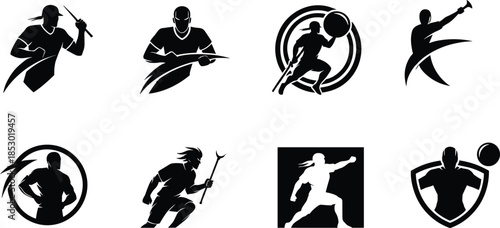 Athlete silhouette icons, javelin throw, running pose, sports emblem, strength and motion, stylized figure, black illustration, competitive energy, dynamic action