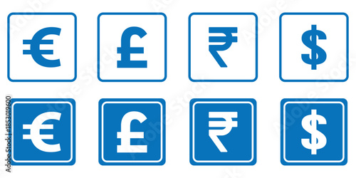 Currency symbols icons set with Dollar, Euro, Pound, Rupee, Franc, Ruble, Yen, Won . world currency icon.