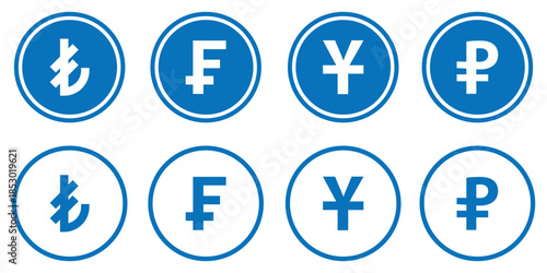 Currency symbols icons set with Dollar, Euro, Pound, Rupee, Franc, Ruble, Yen, Won . world currency icon.