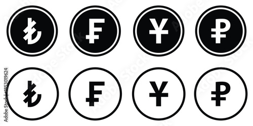 World currency signs and icons vector bundle set. Global currency symbols in circle, modern styles. Money, dollar, and world currency signs and icons vector bundle set featuring global currency symbol