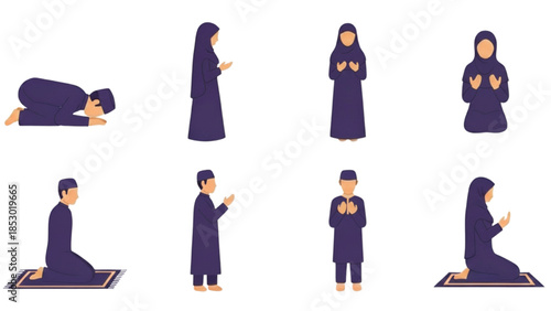 Muslim Men and Women Praying Set - Islamic Salah and Dua Poses Vector Illustration