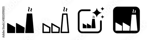 Black factory icon vector illustration showing smoke and air pollution impact on environment and business with transparent PNG background