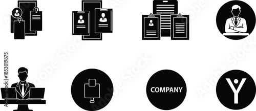Business icons, employee profile, job application, manager symbol, remote work, corporate structure, company identity, presentation board, black illustration