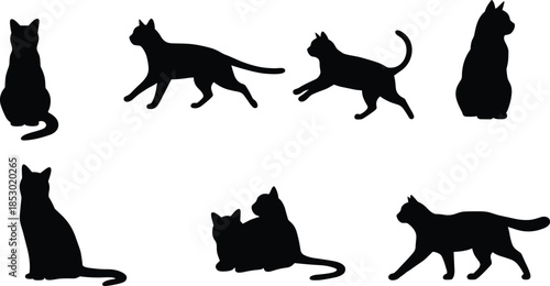 Cat silhouette icons, sitting and walking, feline interaction, black illustration, pet design, animal posture, domestic cat, behavior symbol