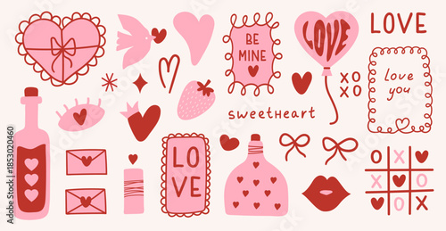 Set of hand drawn elements for Valentines day.  Cute bows, hearts, ribbons, heart frame, strawberry, bird, candle and bottle. Vintage elegant vector illustration. Pink and red colors