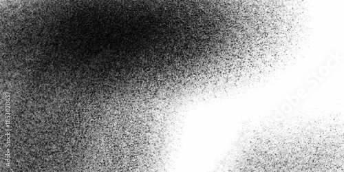 Monochrome dot pattern with grainy effect. Black and white speckled gradient texture background with a dark left edge fading to white on the right. Wavy stippled gradient background. 