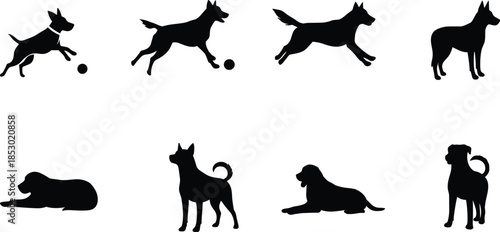 Dog silhouette icons, running dog, lying pose, alert stance, playful pet, canine motion, black illustration, animal behavior, dog anatomy