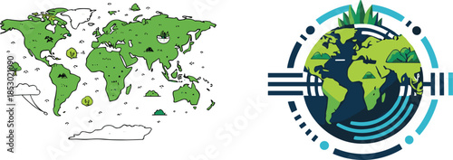 Earth icons, world map illustration, sustainability design, black outline, global symbol, nature branding, eco concept, geography badge, planet emblem