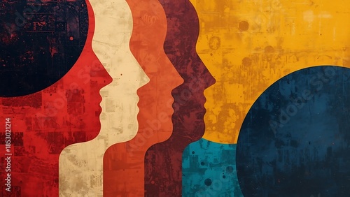 Diversity and unity concept with colorful silhouettes of human faces in profile