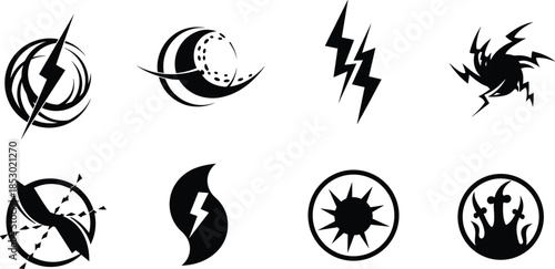 Elemental icons, lightning symbol, moon and sun, energy burst, balance design, black illustration, abstract emblem, power concept, mystic art
