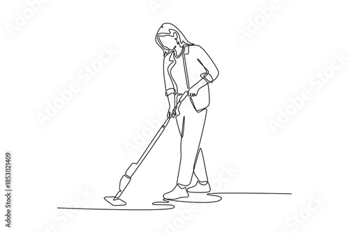 casual woman washing hardwood laminate flooring using water spray mop. Physical Activity concept. Single line draw design. Vector graphic illustration