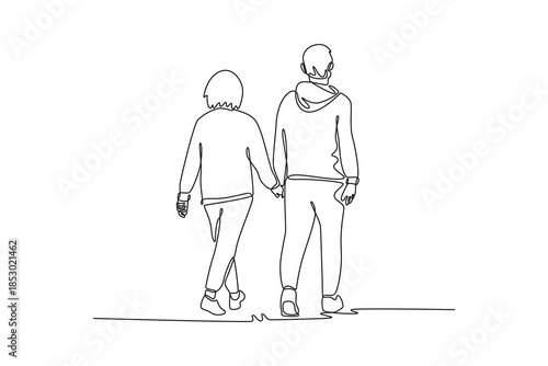 Married senior couple walking together. Physical Activity concept. Single line draw design. Vector graphic illustration