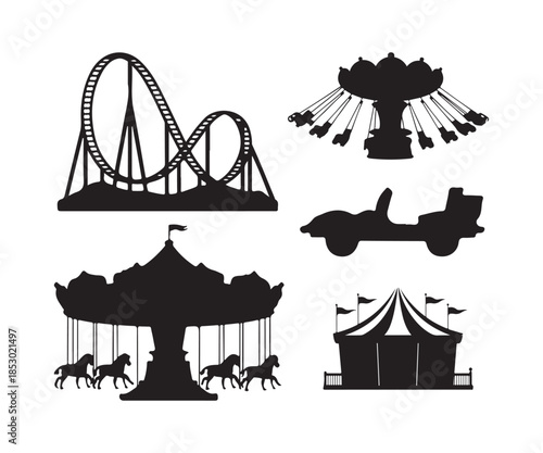 Amusement Park Ride Silhouettes Set, Carnival, Fairground and Theme Park Icons.