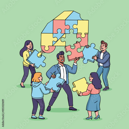 Diverse team members collaboratively assembling colorful puzzle pieces on a plain green background for a unified solution illustration