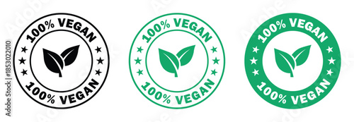 vegan icon set. 100% vegan icon. vegetarian sign. vegan food sign with leaves. vector illustration and transparent background. Bio, Ecology, Organic Logos and Badges.