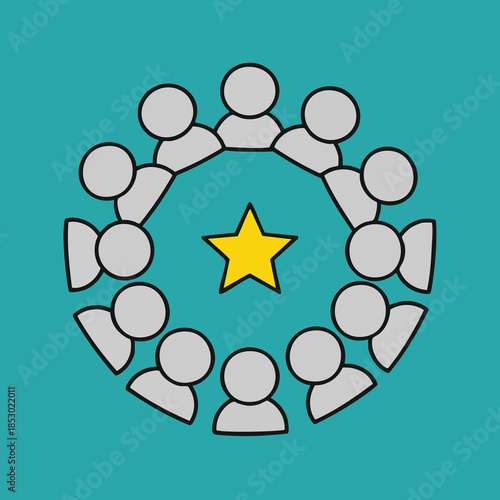 A collaborative circle of abstract human figures surrounding a central golden star on a vibrant background symbolizing teamwork and recognition