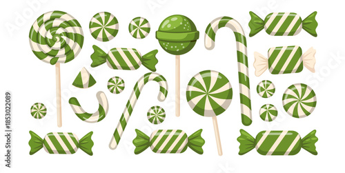 Christmas Candy Cane and Peppermint Sweets Set Flat Vector Illustration