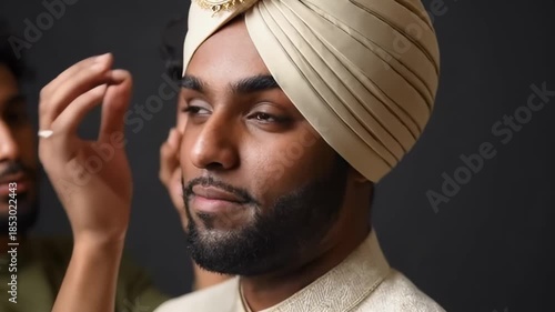 Elegant turban adjustment for groom's special moment with gentle assistance