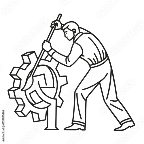 Engineer at Work: A determined engineer, diligently working on a large cogwheel with a long tool, symbolizes problem-solving, dedication, and precision in engineering.