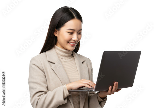 Young asian woman working on laptop isolated on transparent background