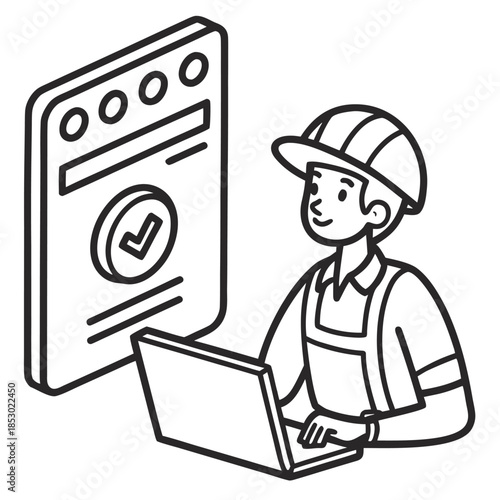 Smart Project Management: A diligent technician, donning a safety helmet and overalls, interfaces with a digital project progress board. He's engrossed in using a laptop.