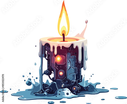 Melting Candle Revealing a Metallic Robotic Core Symbolizing the Fusion of Humanity and AI in Surreal Vector Illustration
