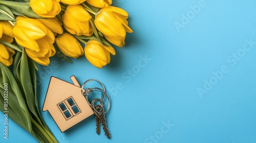 Yellow tulips, house keys, new home, blue background, real estate