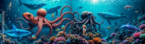 Vibrant underwater scene with octopus, sea life, and colorful coral reef
