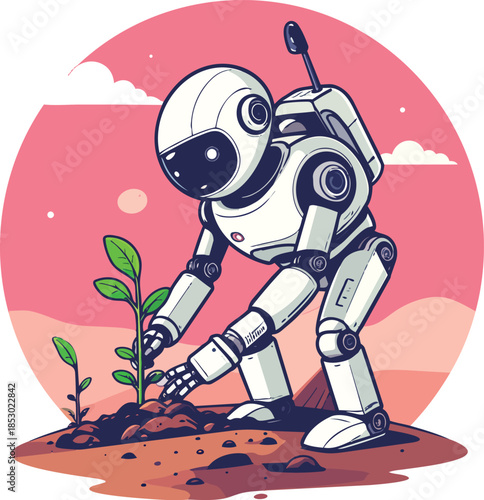Futuristic Robot Planting Seeds on Mars Under a Pink Sky for Space Agriculture and Interplanetary Farming Vector Illustration