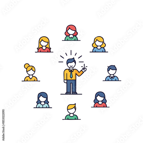 Central figure with brilliant idea surrounded by diverse team members indicating collaboration and innovation in a modern flat design style suitable