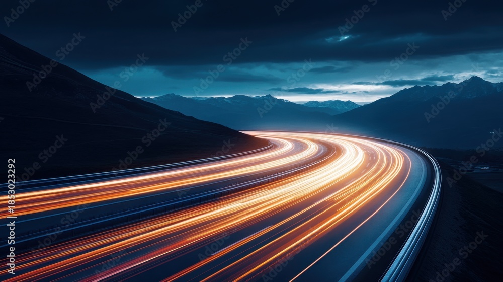Obraz premium Nighttime Long Exposure of Serpentine Road with Light Trails and Mountains