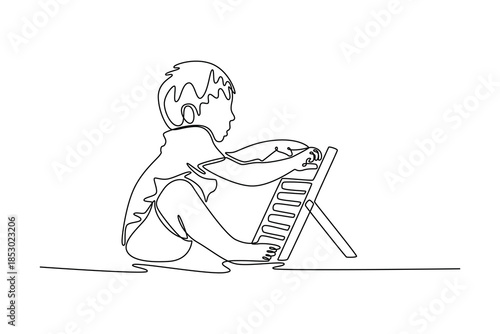 children boys play with abacus toy. Children playing toys concept. Single line draw design. Vector graphic illustration