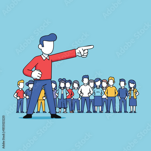 A determined leader directs a group of diverse individuals towards a common objective against a clear blue background illustration