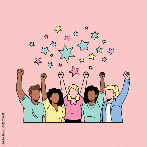 Diverse group of people with raised fists on a soft pink background with stars celebrating unity and empowerment
