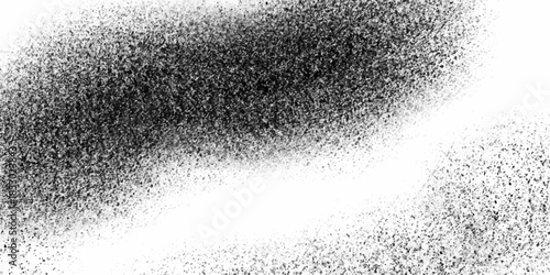 Monochrome dot pattern with grainy effect. Black and white speckled gradient texture background with a dark left edge fading to white on the right. Wavy stippled gradient background. 