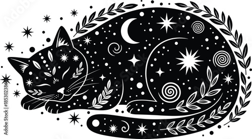 Magical sleeping black cat illustration with celestial stars and moon, decorative mystical feline silhouette vector art for tattoos, posters, boho decor, and spiritual branding