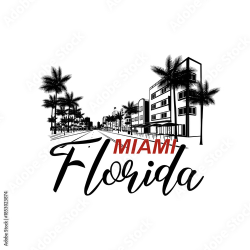 Minimal line art illustration of iconic Miami landmarks with palm trees and Art Deco style, capturing a modern tropical beach vibe. Ideal for t-shirts, posters, brandingช, and travel designs.