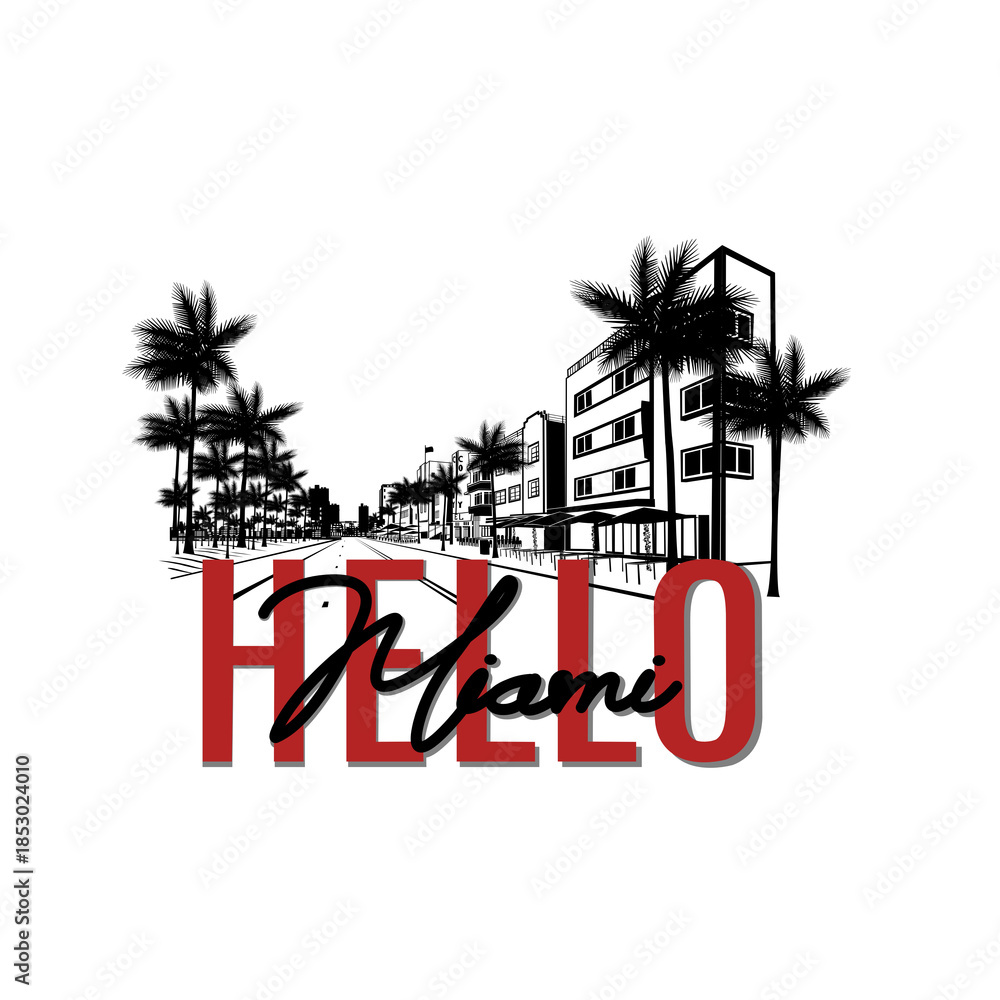 Fototapeta premium Minimal line art illustration of iconic Miami landmarks with palm trees and Art Deco style, capturing a modern tropical beach vibe. Ideal for t-shirts, posters, brandingช, and travel designs.
