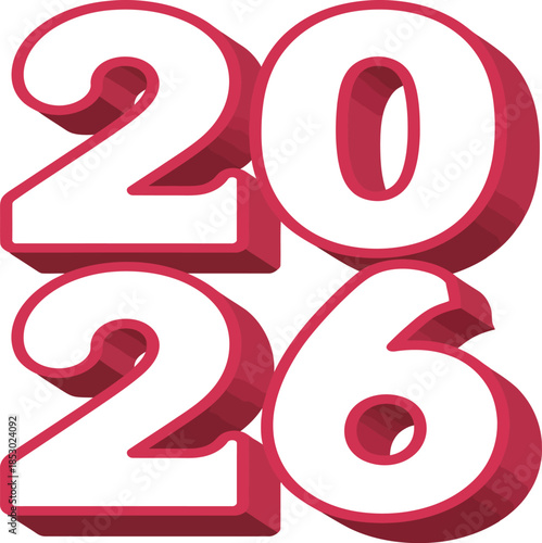 3D Chunky Typography Illustration of 2026 with White Front and Crimson Extruded Sides