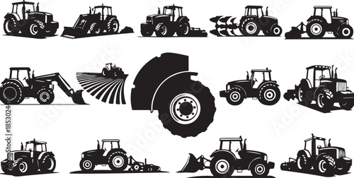 Tractors in various poses and attachments for farming