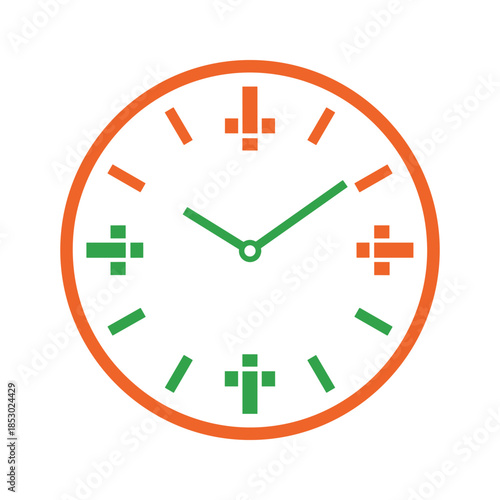 Orange and green analog clock face on white background