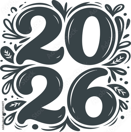 Hand-Drawn Calligraphic 2026 Illustration with Ornamental Floral Frame in Monochrome