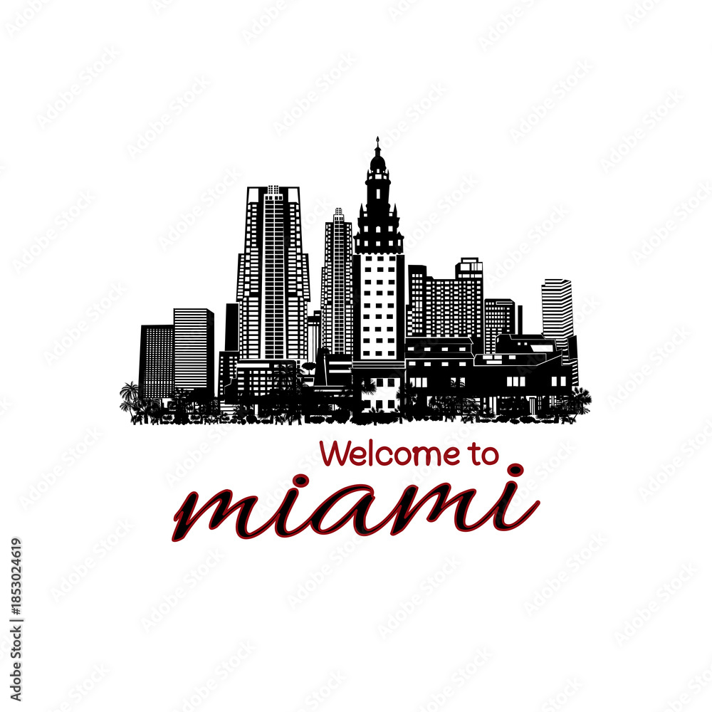 Fototapeta premium Minimal line art illustration of iconic Miami landmarks with palm trees and Art Deco style, capturing a modern tropical beach vibe. Ideal for t-shirts, posters, branding, and travel designs.