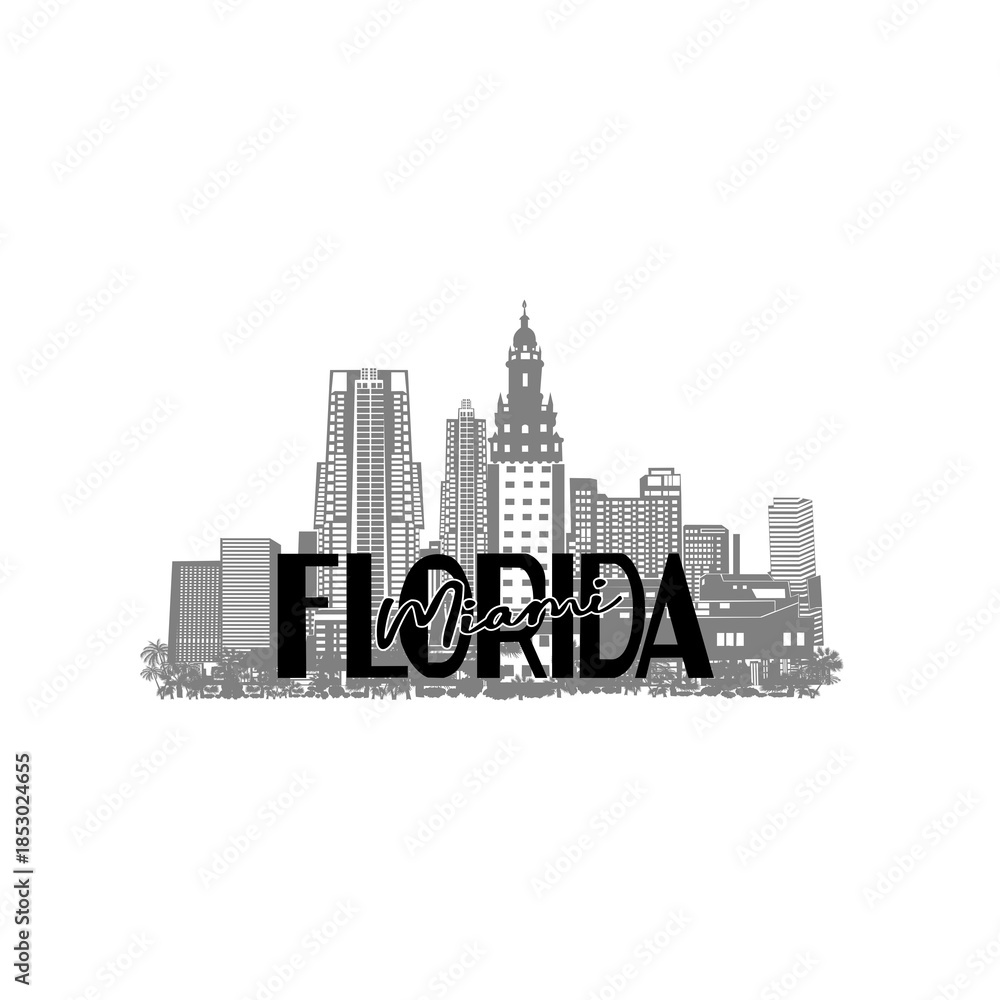 Obraz premium Minimal line art illustration of iconic Miami landmarks with palm trees and Art Deco style, capturing a modern tropical beach vibe. Ideal for t-shirts, posters, branding, and travel designs.